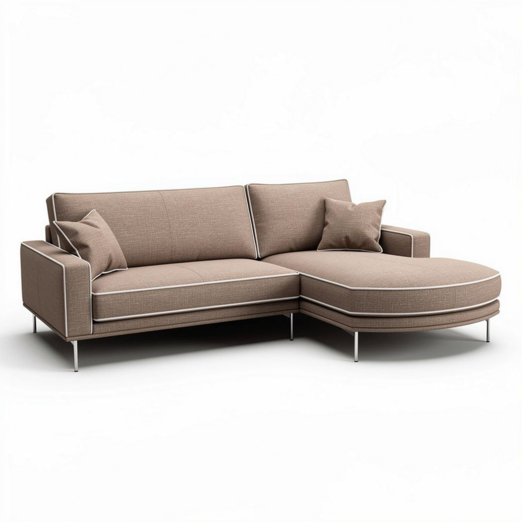 Hoekbank van bruin textiel met metalen poten en kussen 250 x 80 x 90cm