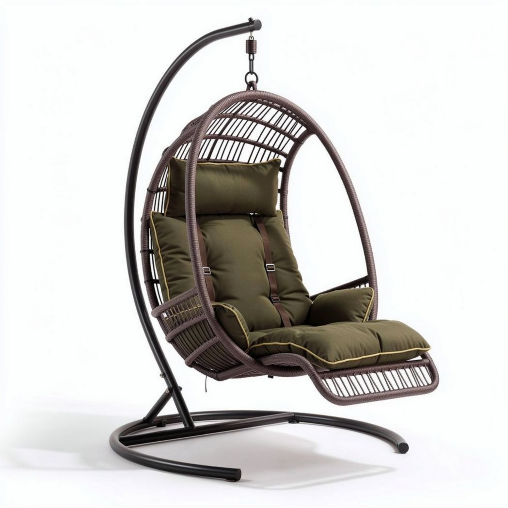 Hangstoel van rattan met kussen in olijfgroen 100 x 80 x 120cm