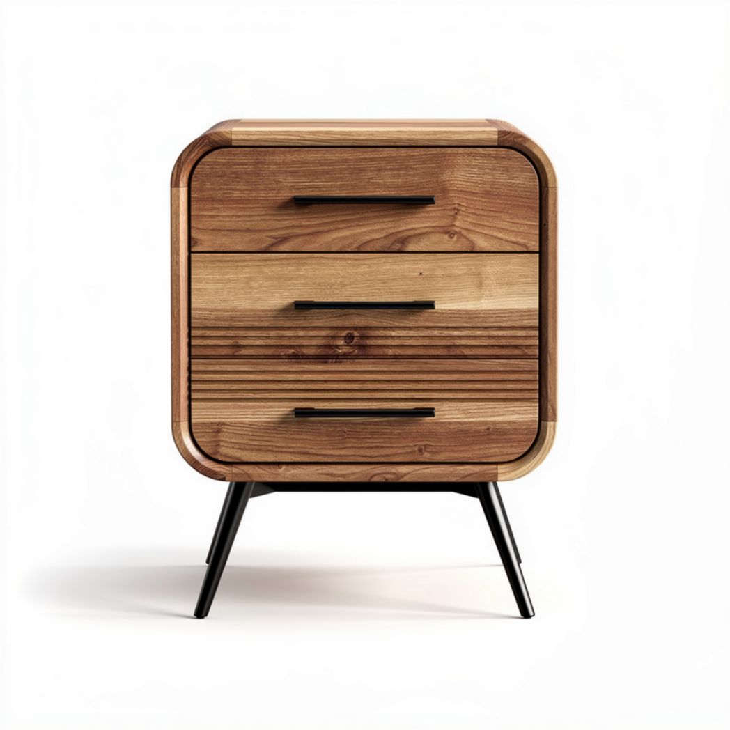 Houten nachtkastje met drie lades en metalen poten 60 x 40 x 50cm