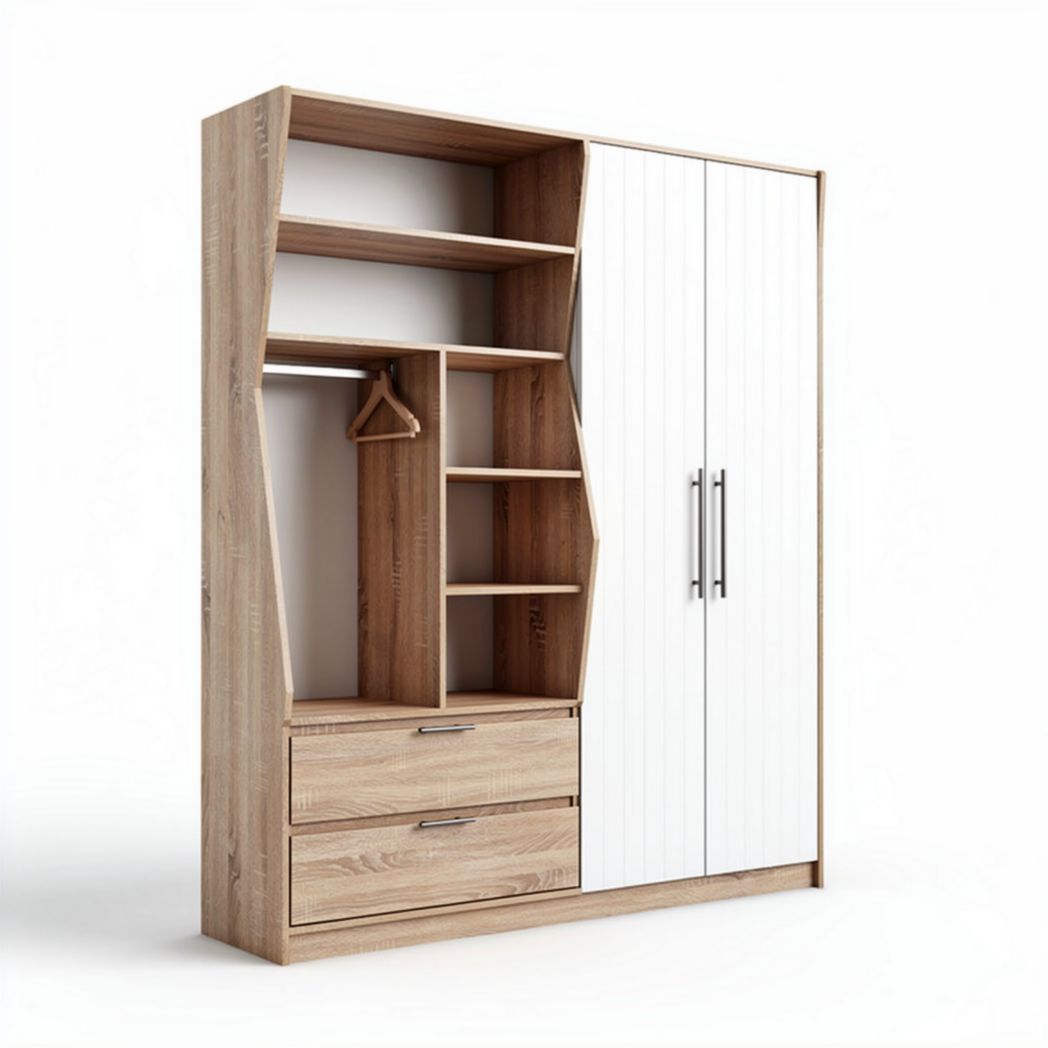 Kast van spaanplaat met witte deuren en open planken 150 x 60 x 200cm