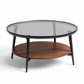 ronde salontafel van glas en hout met zwarte metalen poten 90 x 90 x 45cm