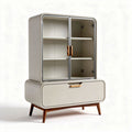 Bureaukast van wit melamine met glazen deuren en houten poten 90 x 50 x 130cm