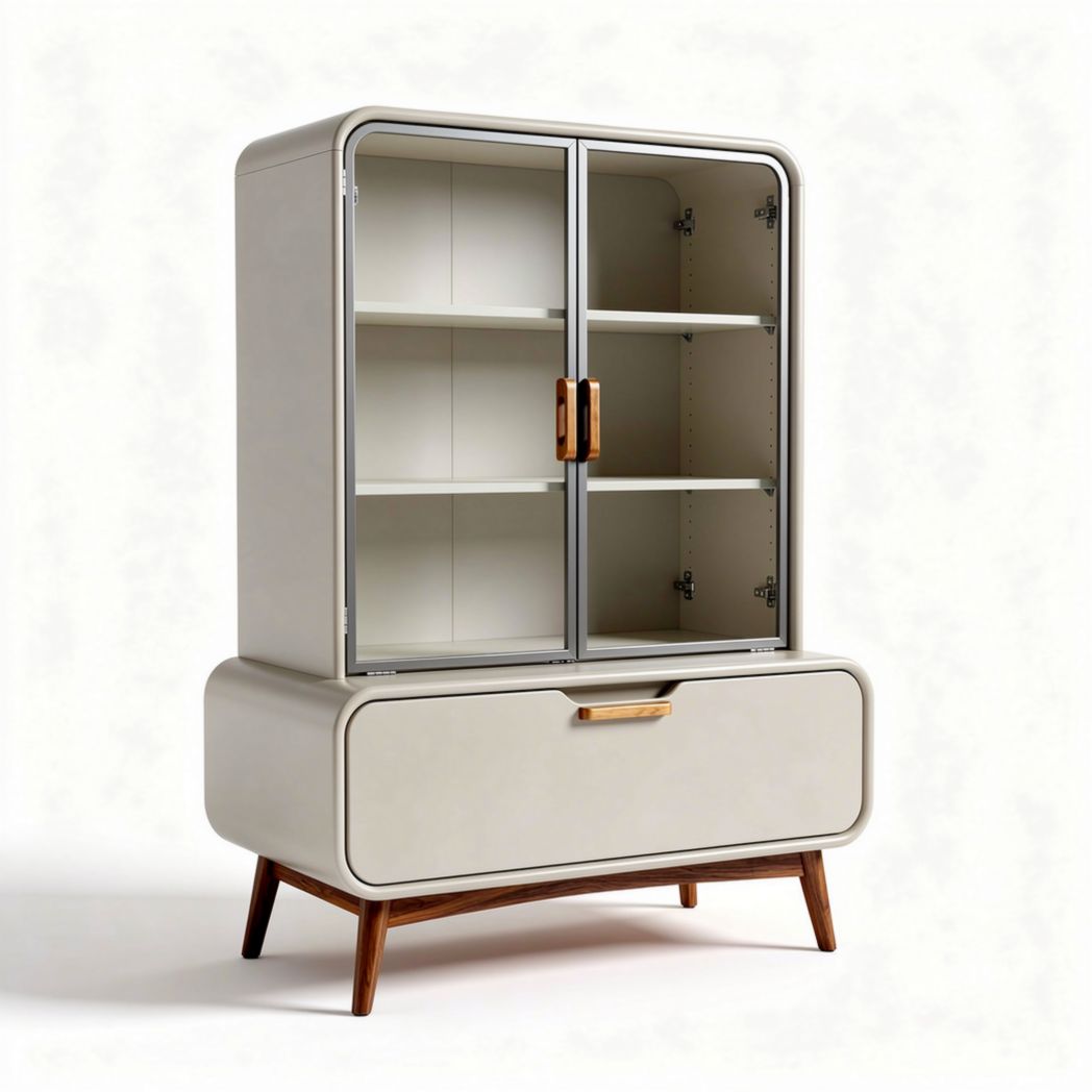 Bureaukast van wit melamine met glazen deuren en houten poten 90 x 50 x 130cm