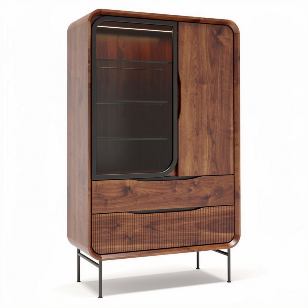 Kast van massief hout met glazen deur en laden afmetingen 120 x 60 x 180 cm