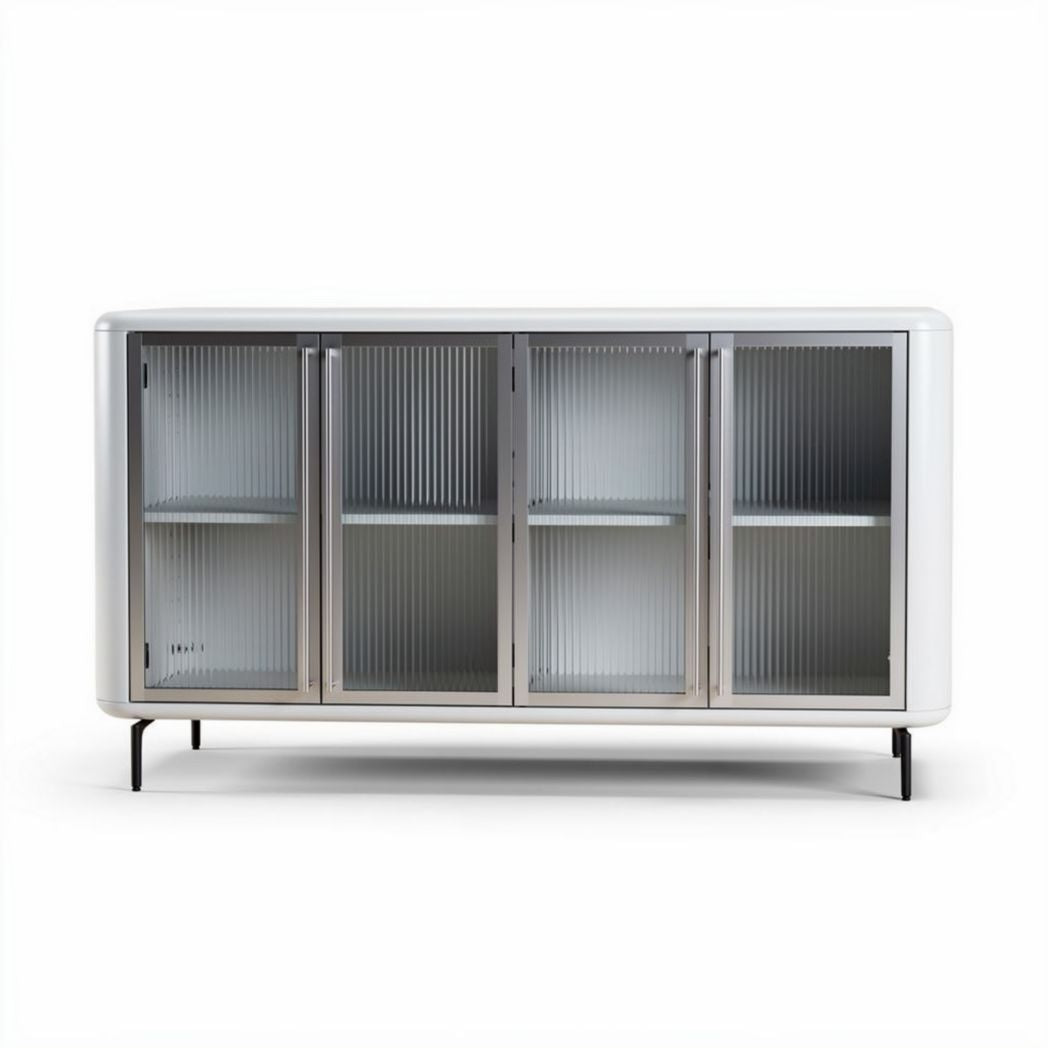 Glazen kast met metalen frame en vier deuren 120 x 40 x 80cm grijs en wit