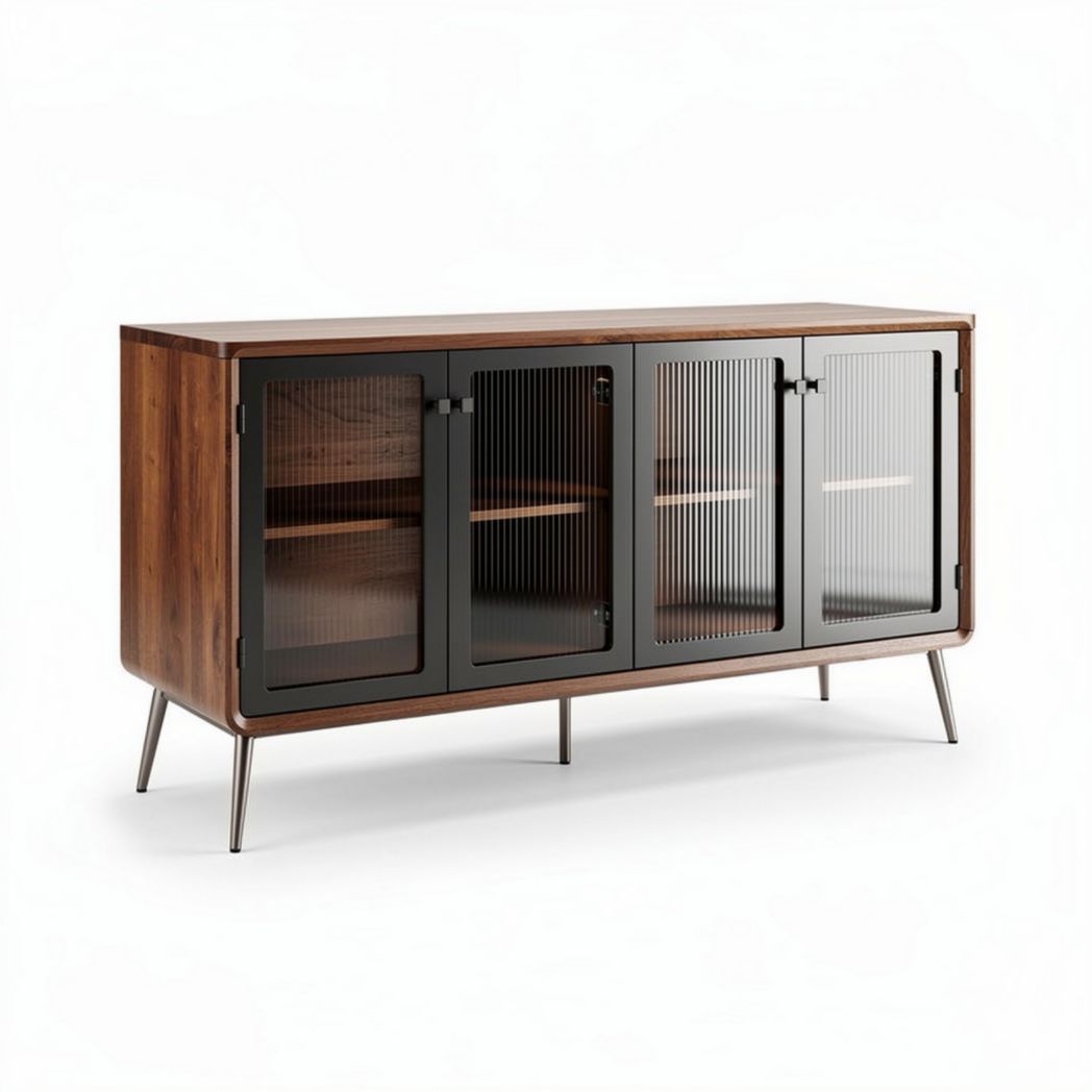 Kast van hout en glas met vier deuren en metalen poten 120 x 40 x 70cm