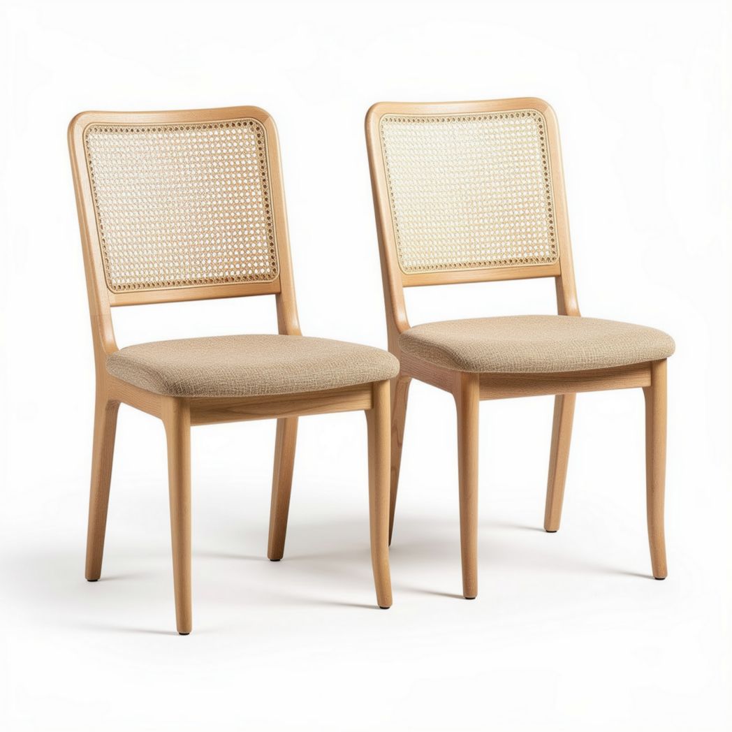 Houten eetstoelen met rieten rugleuning en stoffen zitting 45 x 45 x 90cm