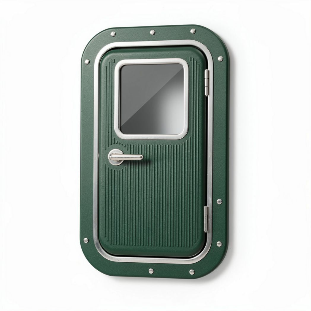 Groene metalen deur met venster afmetingen 60 x 40 x 10cm